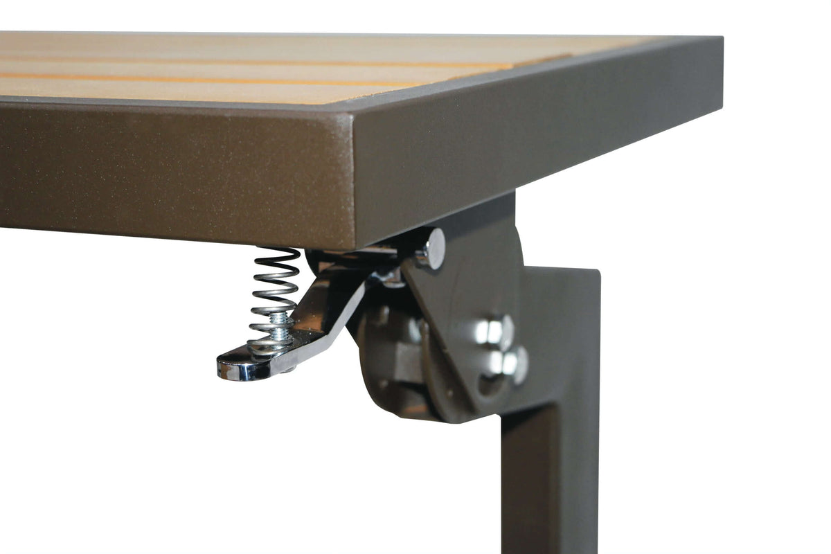 Close-up of the Duramax Ashton Convertible Table Bench 68070 hinge mechanism, showcasing its sturdy and versatile design.