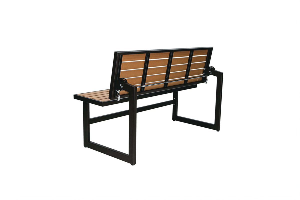 Duramax Ashton Convertible Table Bench 68070 in transformation from bench to table, ideal for outdoor use on patios or balconies.