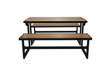 Duramax Ashton convertible bench transforming into a picnic table with sturdy steel frame, ideal for outdoor areas like patios and balconies.