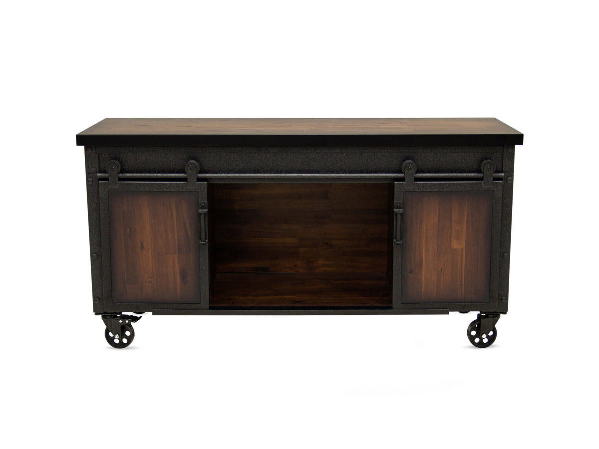 Duramax Farmhouse cabinet 68062 with industrial design, sliding doors, metal and wood finish, on wheels.