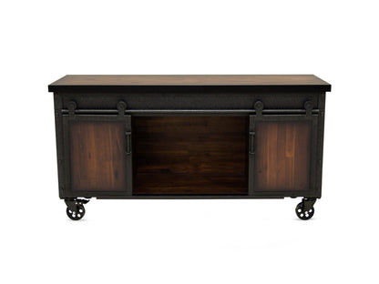 Duramax Farmhouse cabinet 68062 with industrial design, sliding doors, metal and wood finish, on wheels.