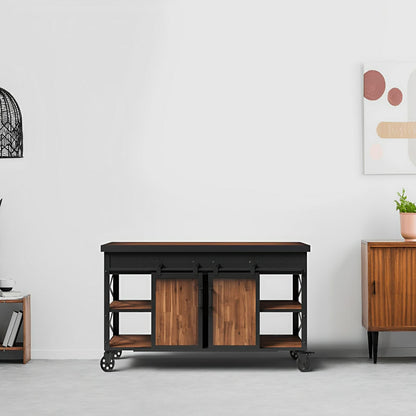 Duramax Farmhouse Cabinet 68062 with sliding doors, industrial design, metal and wood, ideal for home décor.