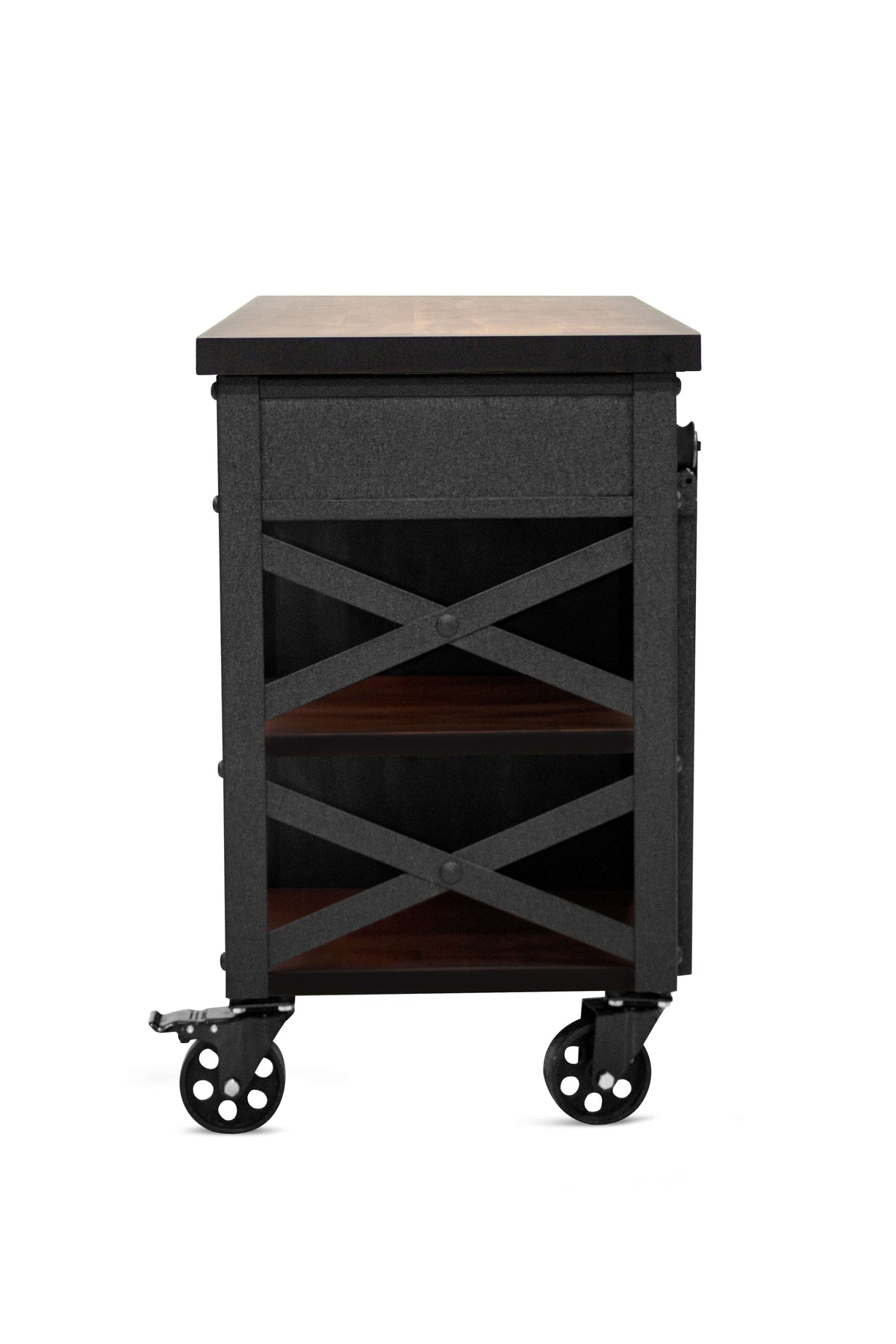 Duramax Farmhouse Cabinet 68062 with industrial design, sliding doors, durable metal, and wood, on wheels for easy movement.