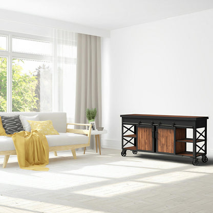 Duramax Farmhouse cabinet 68062 with sliding doors in a bright living room, featuring industrial design with metal and wood.