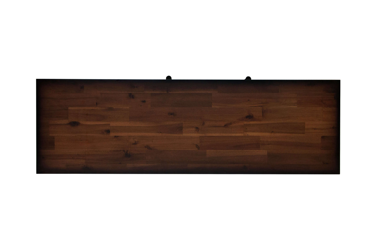 Top view of Duramax Farmhouse Cabinet 68062 wooden surface with rich brown finish.