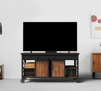 Duramax Farmhouse cabinet 68062 with industrial design, featuring sliding doors and a TV on top, blending with modern home decor.