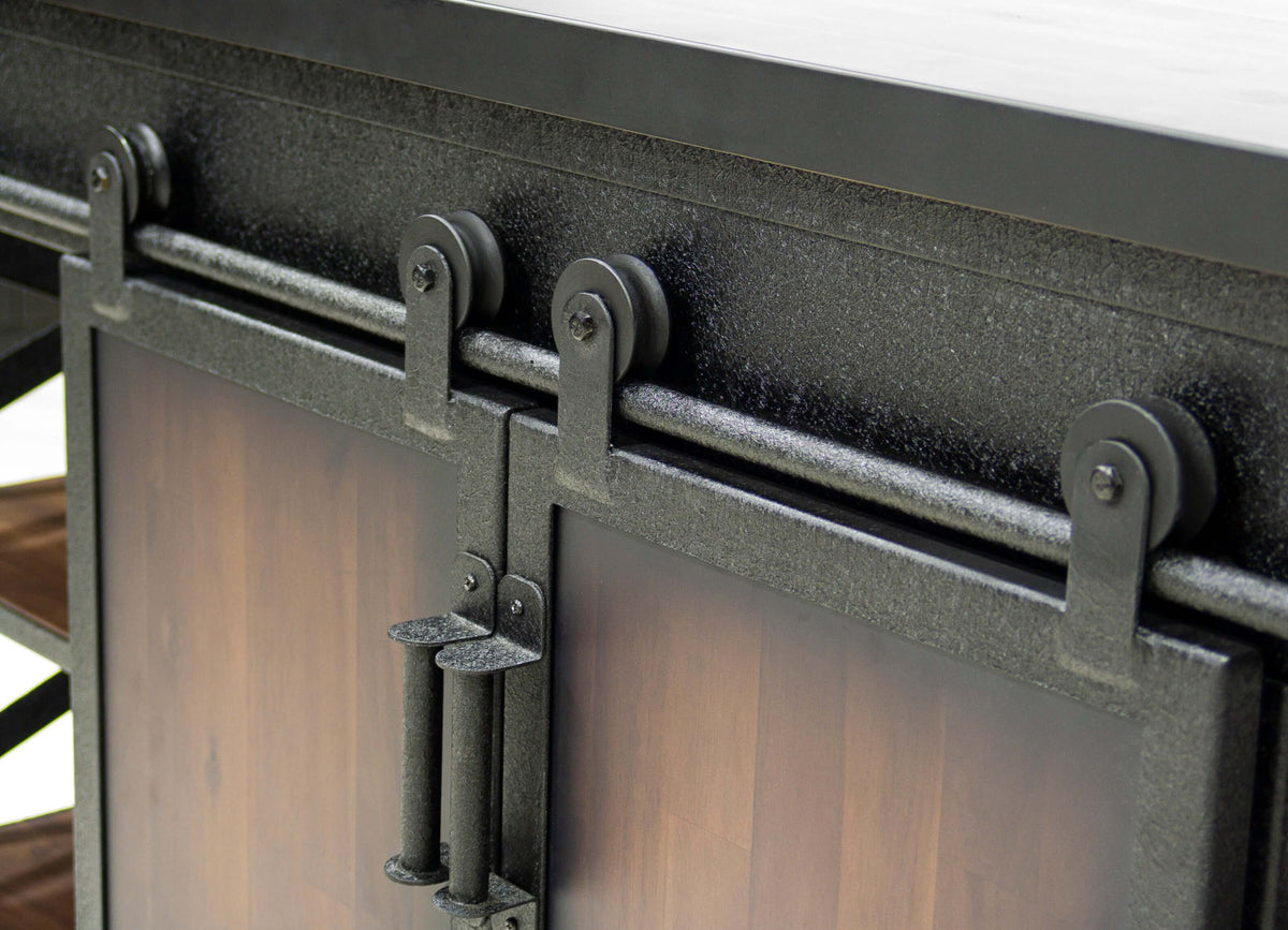 Close-up of Duramax Farmhouse Cabinet 68062 with industrial sliding doors in metal and wood.