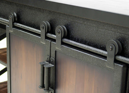 Close-up of Duramax Farmhouse Cabinet 68062 with industrial sliding doors in metal and wood.