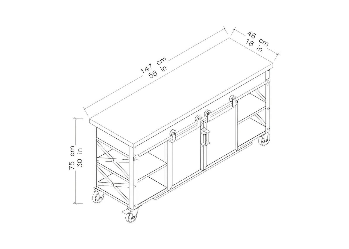 Duramax Farmhouse cabinet 68062 dimensions illustration with sliding doors and shelving, showing length, width, and height measurements.