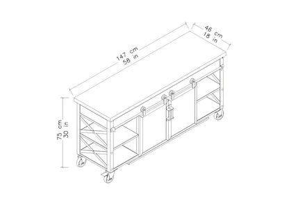 Duramax Farmhouse cabinet 68062 dimensions illustration with sliding doors and shelving, showing length, width, and height measurements.