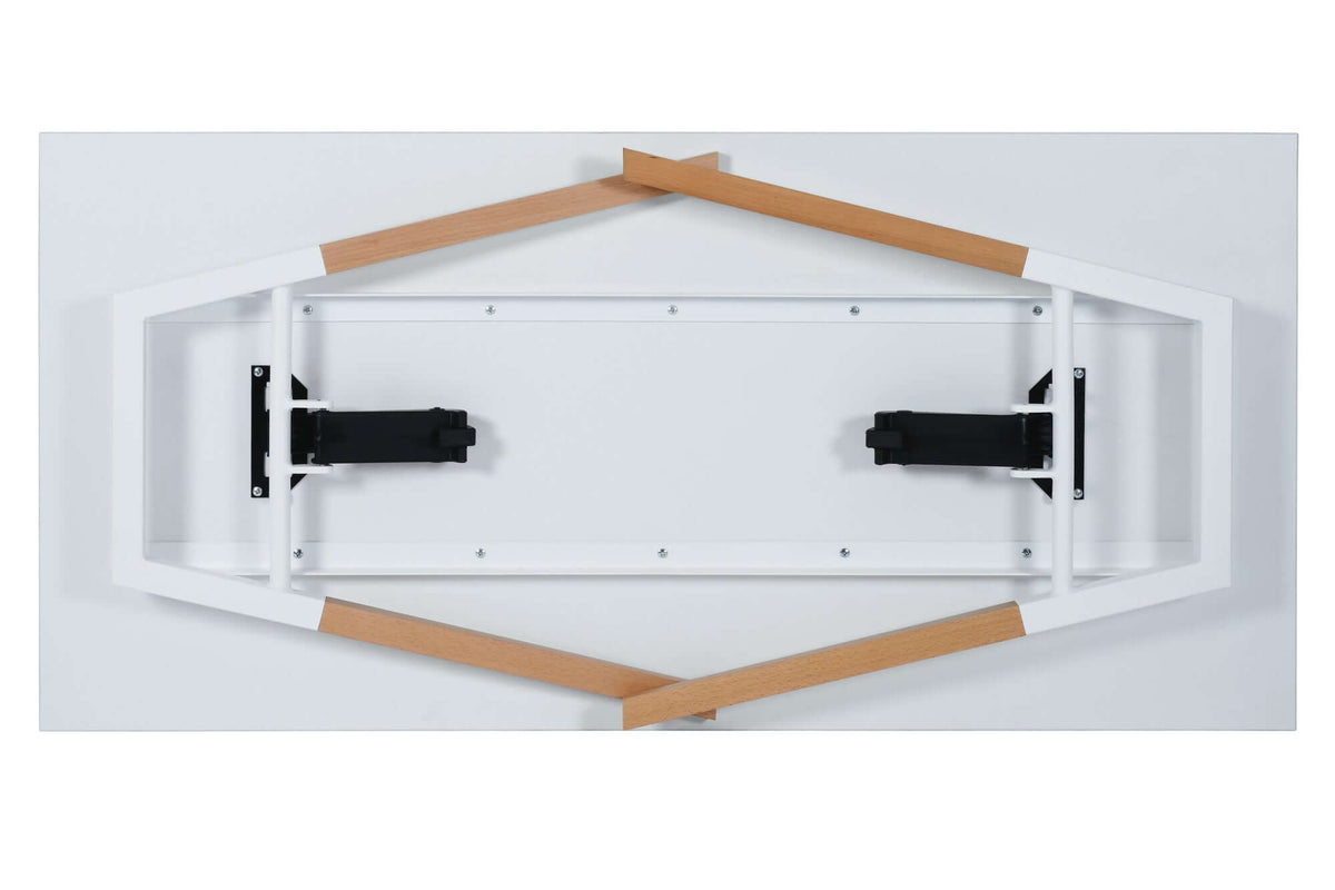 Duramax Neo Folding Table 68053 underside view showing white MDF top and wooden legs folded for compact storage.