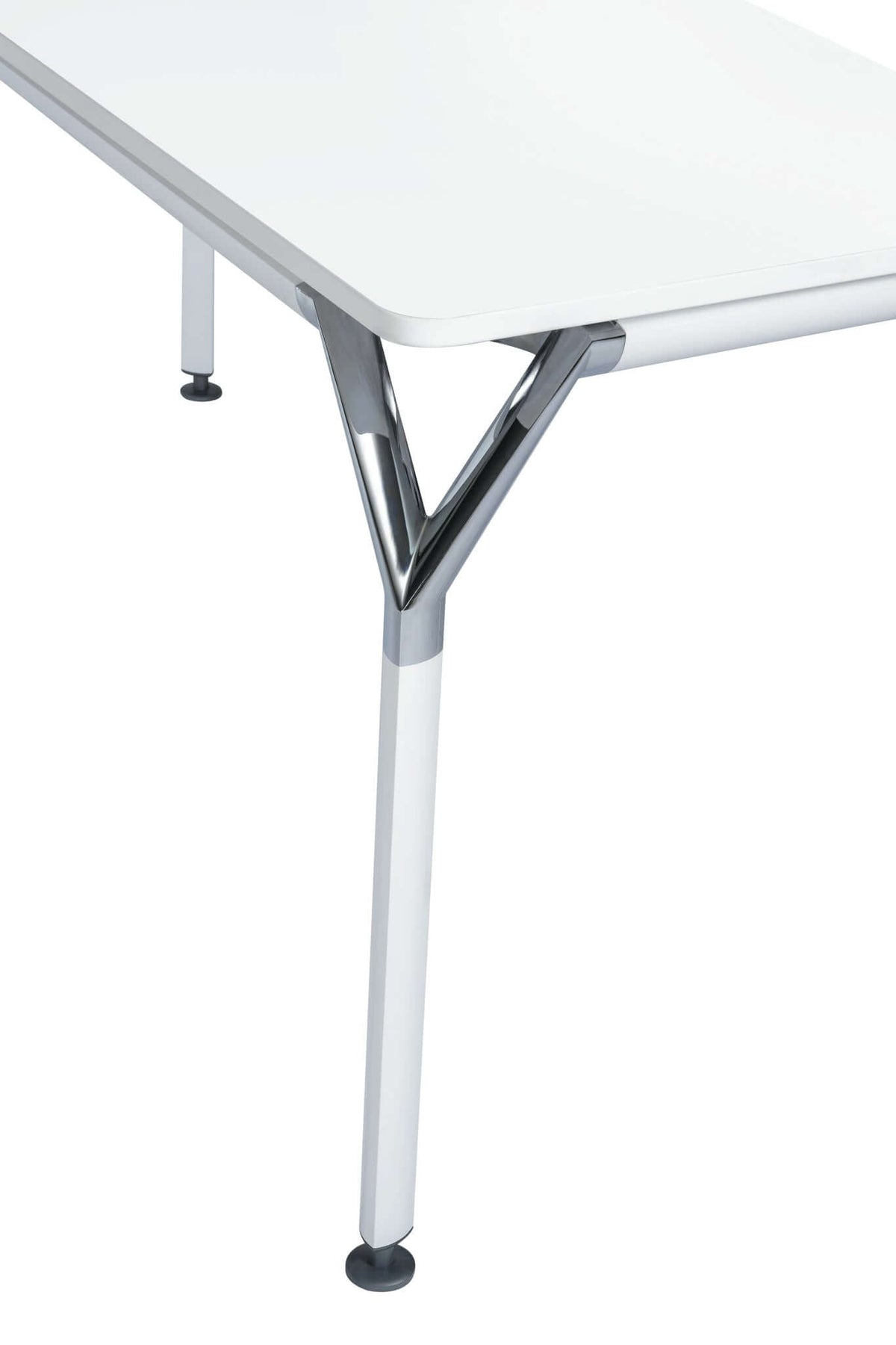 Close-up of Duramax Ramo Desk 68054 with chrome detailed corner and sturdy aluminum legs.